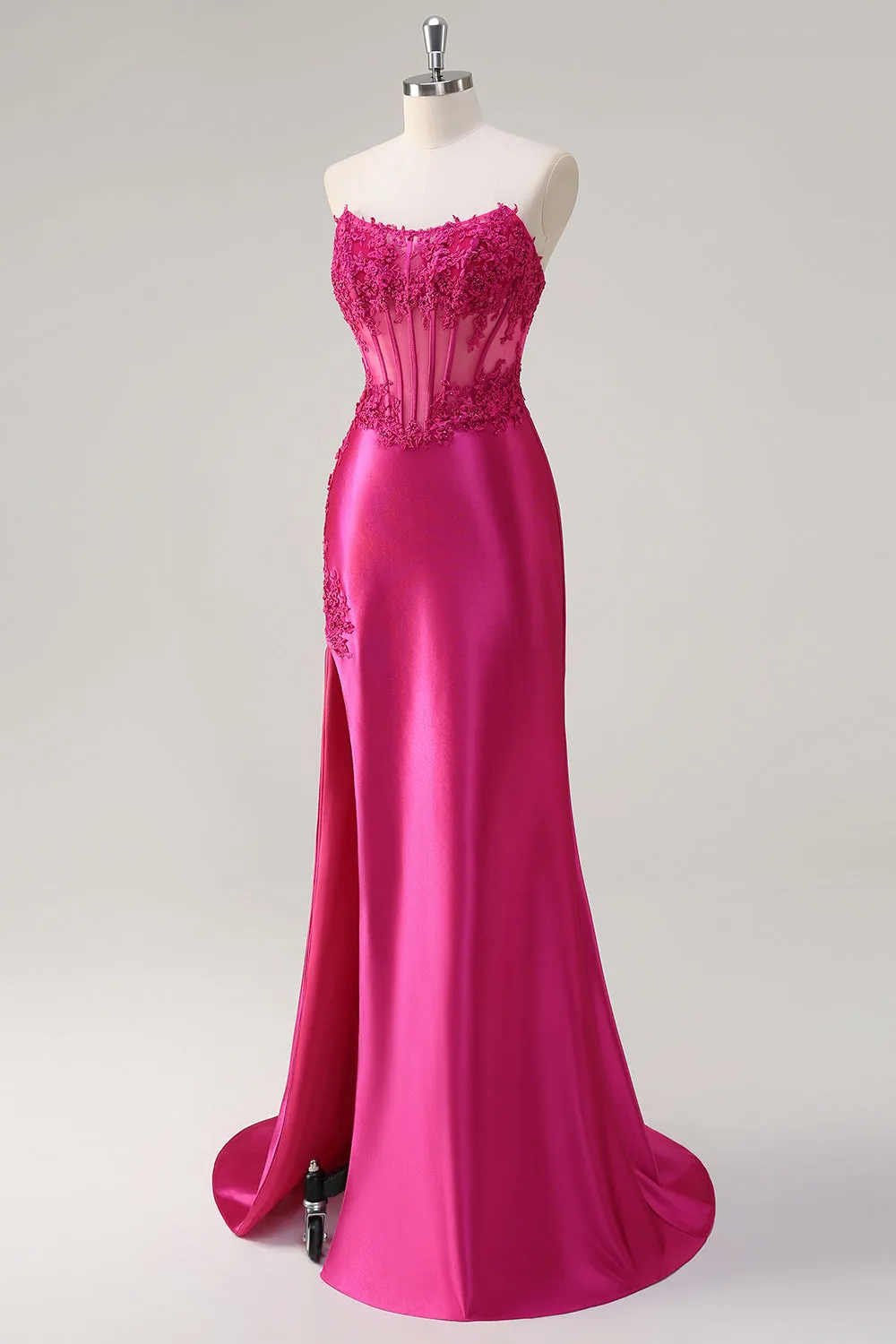 Sparkly Fuchsia Mermaid Strapless Corset Appliques Long Prom Dress with Slit sold by Zapaka product image thumbnail 3