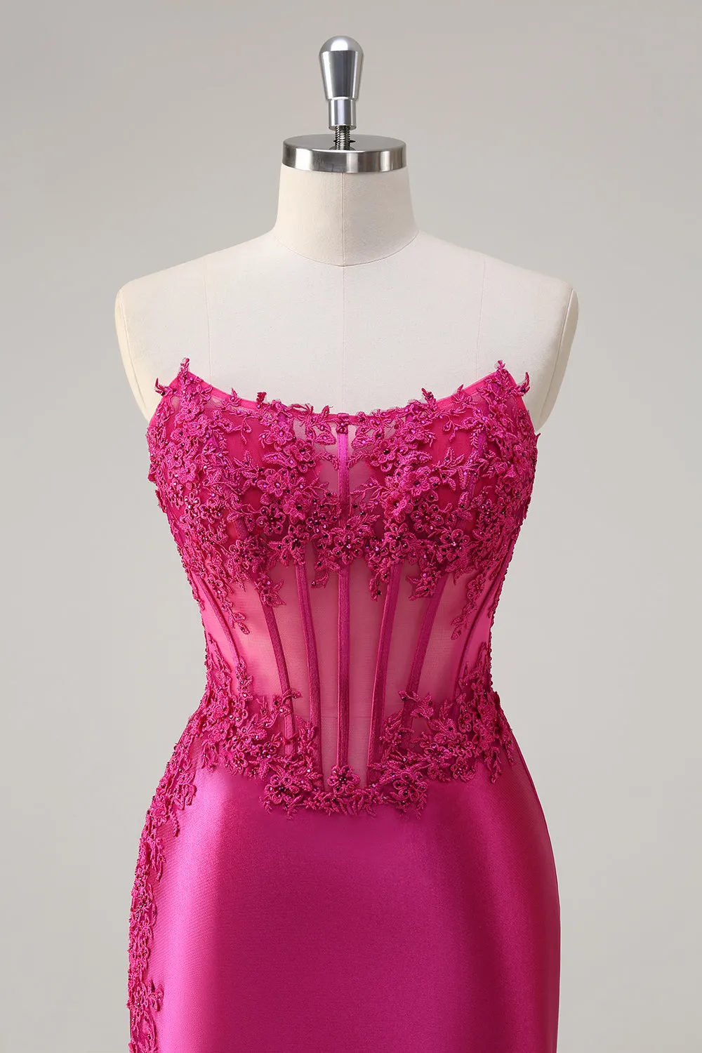 Sparkly Fuchsia Mermaid Strapless Corset Appliques Long Prom Dress with Slit sold by Zapaka product image thumbnail 4