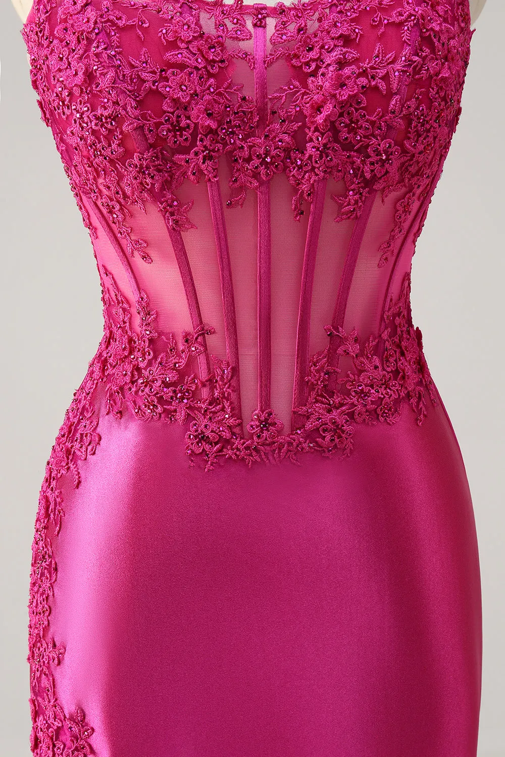 Sparkly Fuchsia Mermaid Strapless Corset Appliques Long Prom Dress with Slit sold by Zapaka product image thumbnail 5