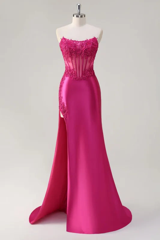 Sparkly Fuchsia Mermaid Strapless Corset Appliques Long Prom Dress with Slit sold by Zapaka