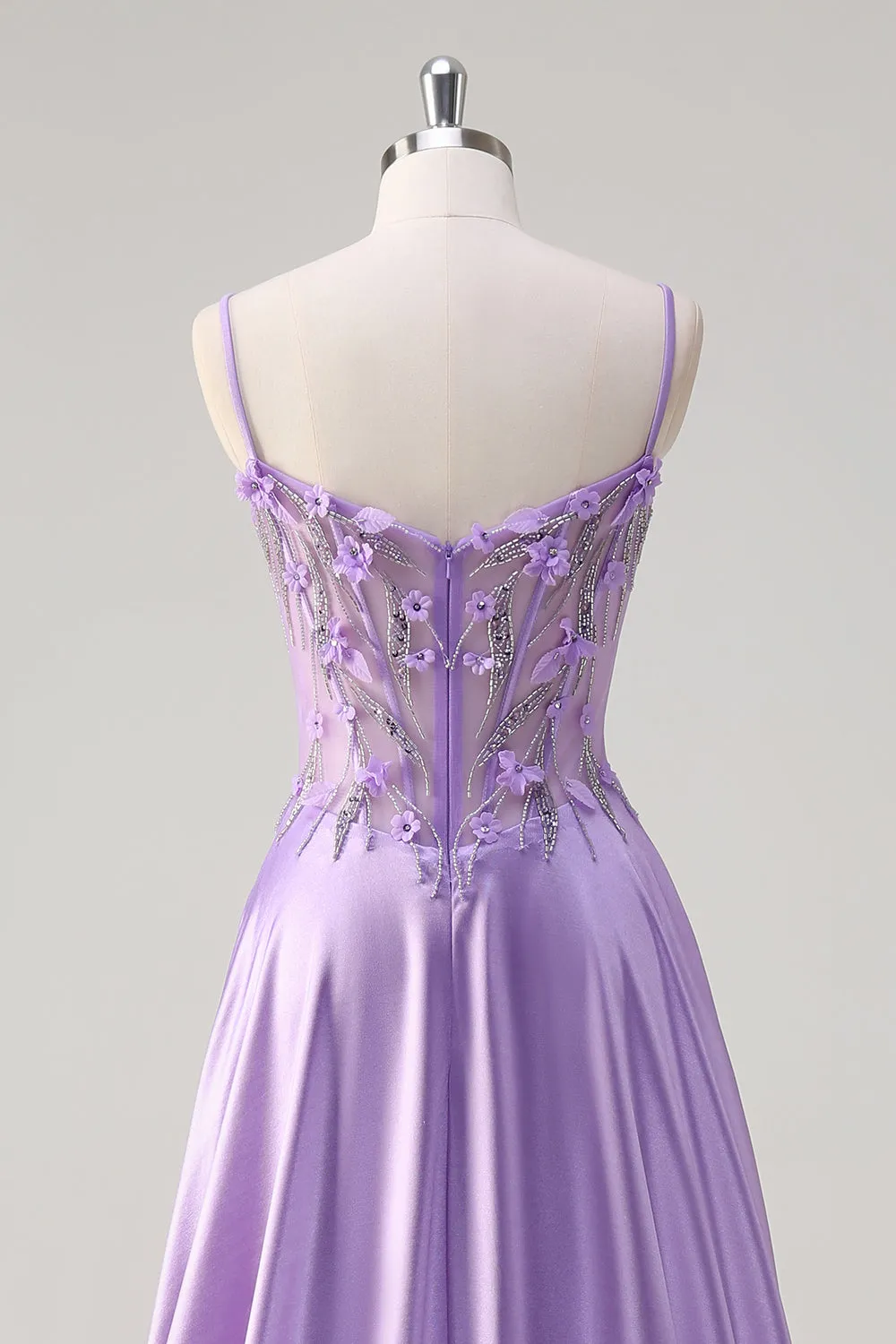Purple A Line Spaghetti Straps Floral Long Prom Dress with Slit sold by Zapaka product image thumbnail 5
