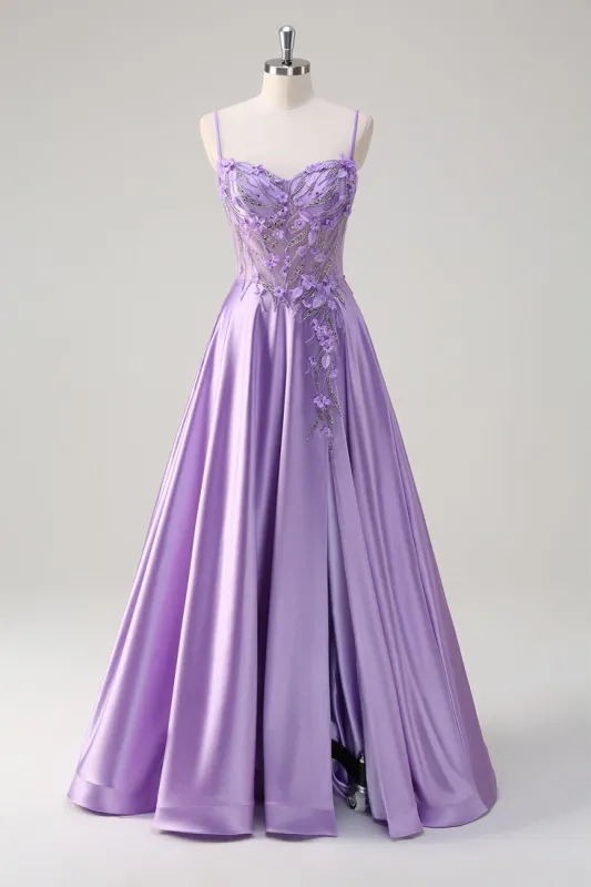 Purple A Line Spaghetti Straps Floral Long Prom Dress with Slit sold by Zapaka