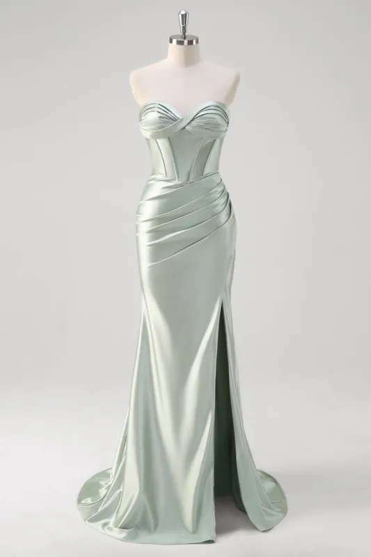 Matcha Mermaid Sweetheart Satin Ruched Long Corset Prom Dress with Slit sold by Zapaka
