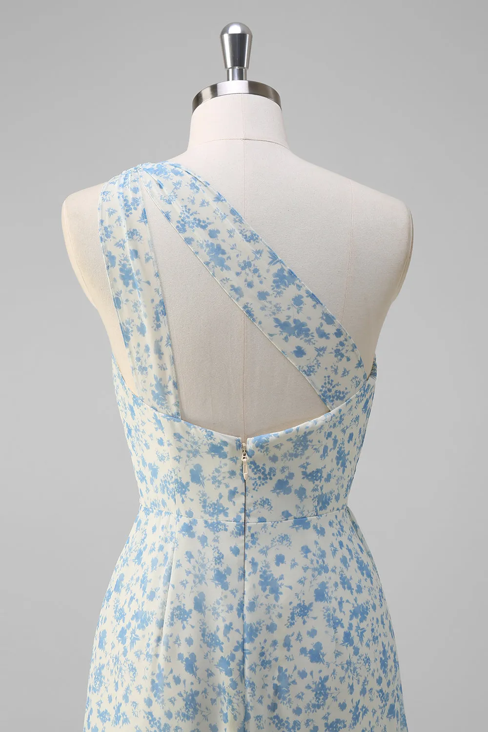 White Blue Flower One Shoulder Bridesmaid Dress with Slit sold by Zapaka product image thumbnail 5