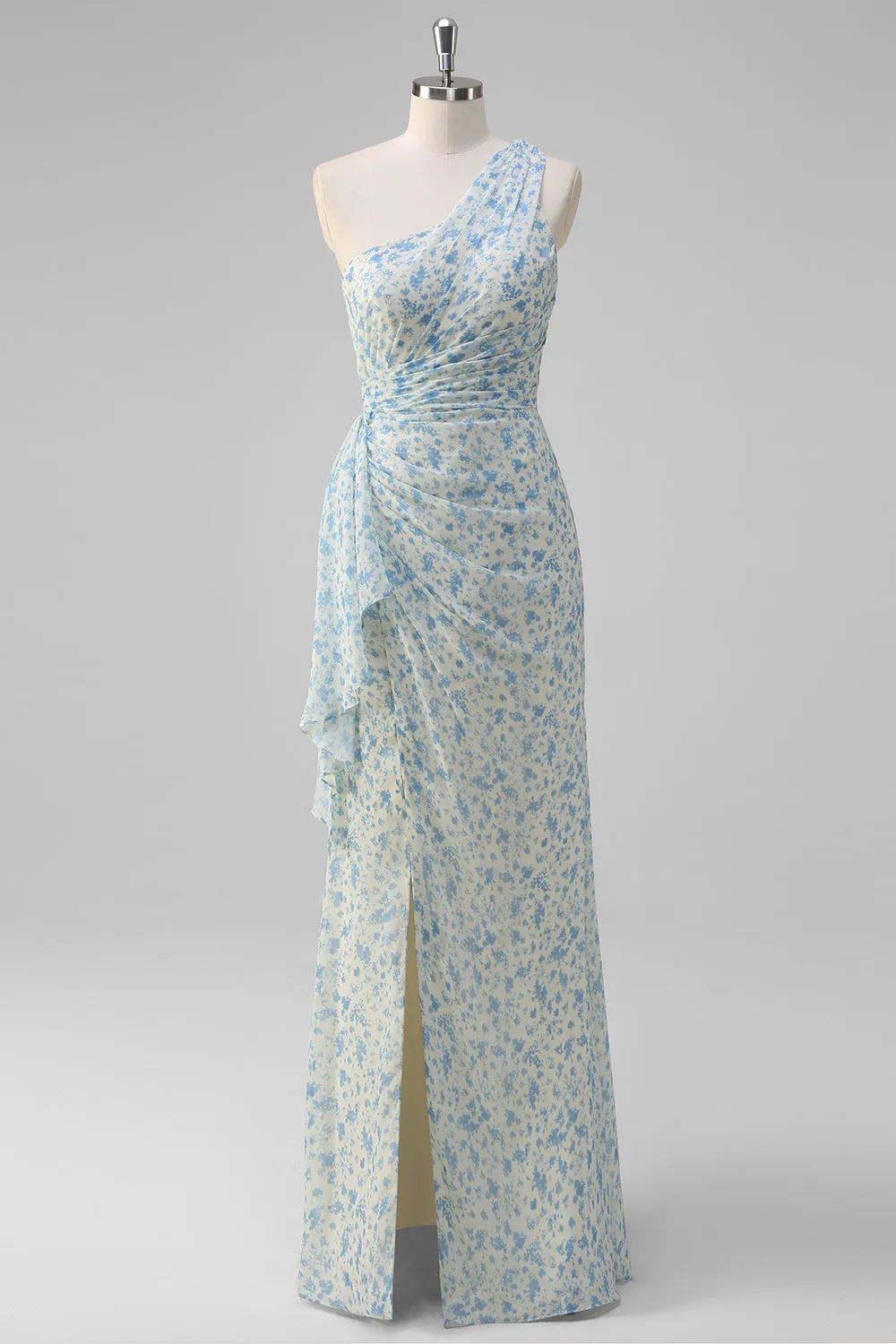 White Blue Flower One Shoulder Bridesmaid Dress with Slit sold by Zapaka