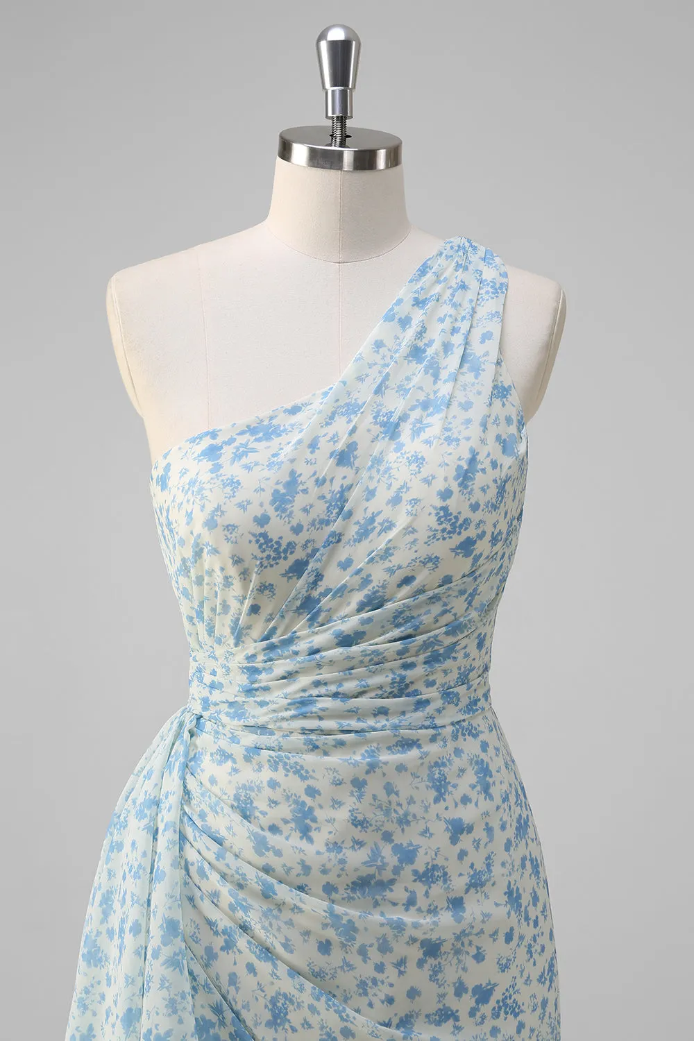 White Blue Flower One Shoulder Bridesmaid Dress with Slit sold by Zapaka product image thumbnail 4