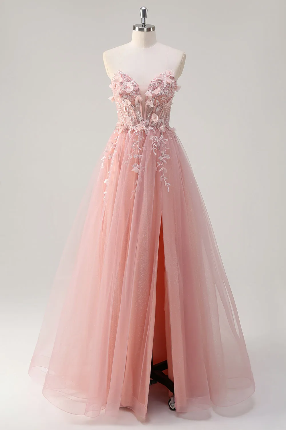 Sparkly Pink A-Line Strapless Flowers Corset Tulle Long Prom Dress with Slit sold by Zapaka
