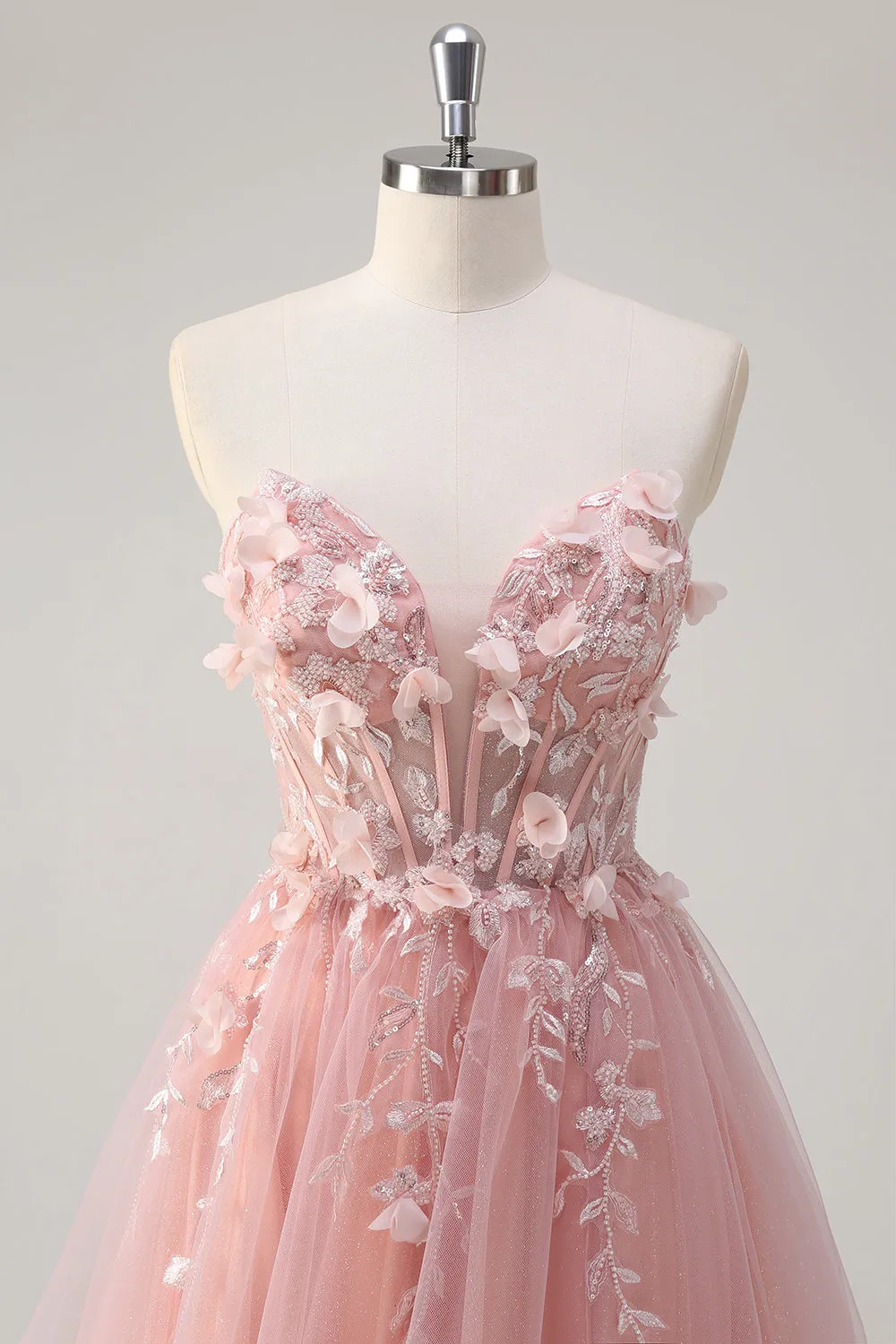 Sparkly Pink A-Line Strapless Flowers Corset Tulle Long Prom Dress with Slit sold by Zapaka product image thumbnail 4