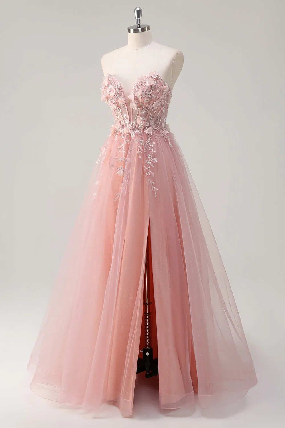 Sparkly Pink A-Line Strapless Flowers Corset Tulle Long Prom Dress with Slit sold by Zapaka product image thumbnail 3