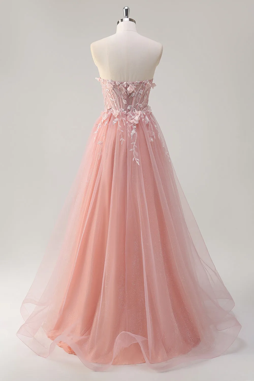 Sparkly Pink A-Line Strapless Flowers Corset Tulle Long Prom Dress with Slit sold by Zapaka product image thumbnail 2