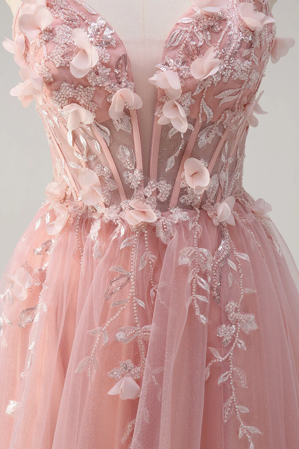 Sparkly Pink A-Line Strapless Flowers Corset Tulle Long Prom Dress with Slit sold by Zapaka product image thumbnail 5