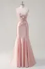 Sparkly Pink Mermaid Spaghetti Straps Corset Flowers Satin Long Prom Dress sold by Zapaka