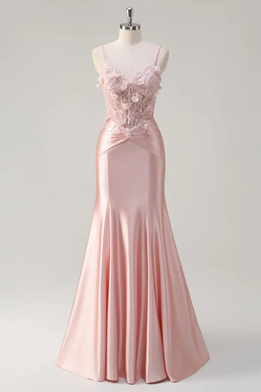 Sparkly Pink Mermaid Spaghetti Straps Corset Flowers Satin Long Prom Dress sold by Zapaka