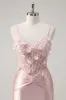 Sparkly Pink Mermaid Spaghetti Straps Corset Flowers Satin Long Prom Dress sold by Zapaka