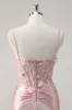 Sparkly Pink Mermaid Spaghetti Straps Corset Flowers Satin Long Prom Dress sold by Zapaka