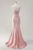 Sparkly Pink Mermaid Spaghetti Straps Corset Flowers Satin Long Prom Dress sold by Zapaka