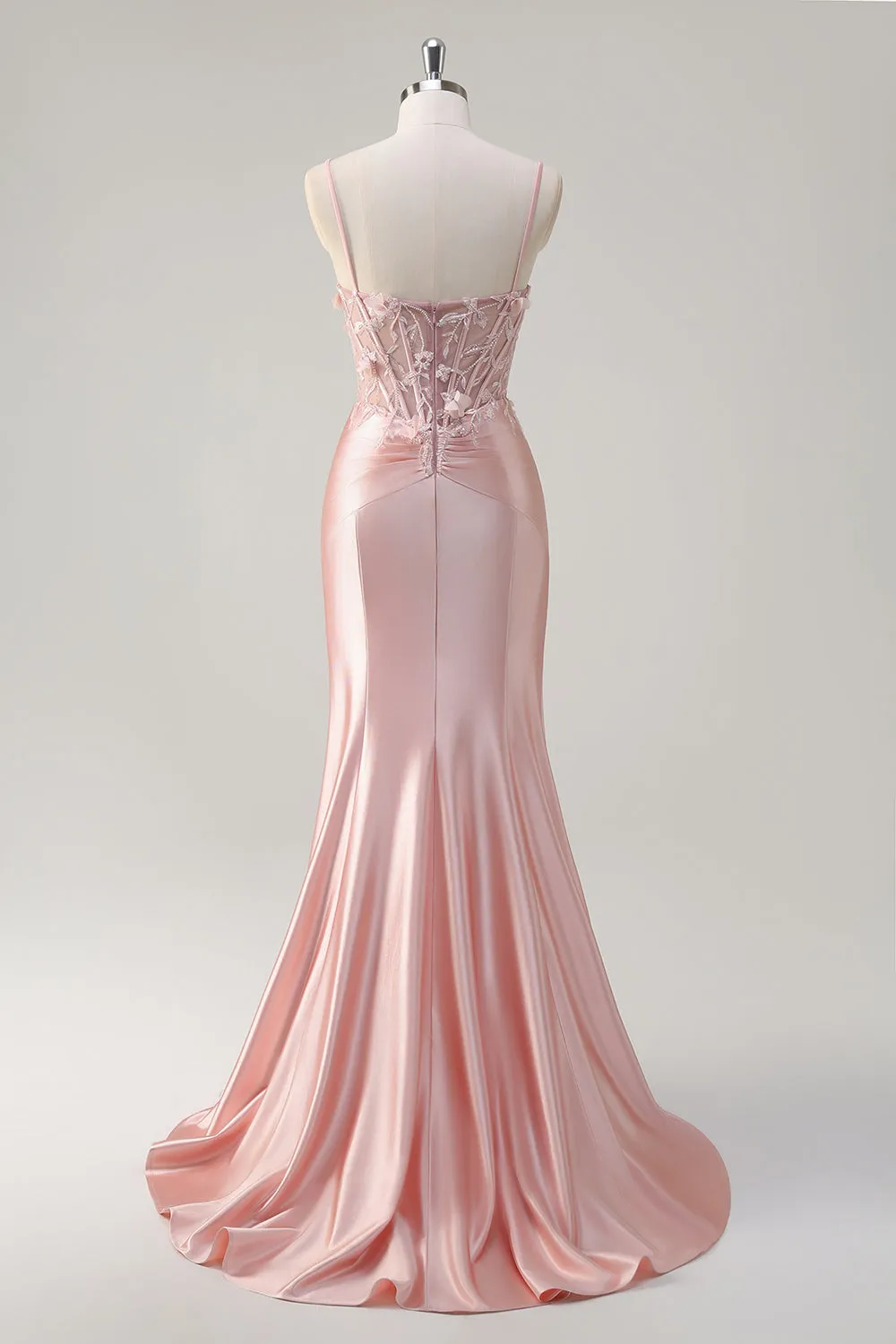 Sparkly Pink Mermaid Spaghetti Straps Corset Flowers Satin Long Prom Dress sold by Zapaka product image thumbnail 2