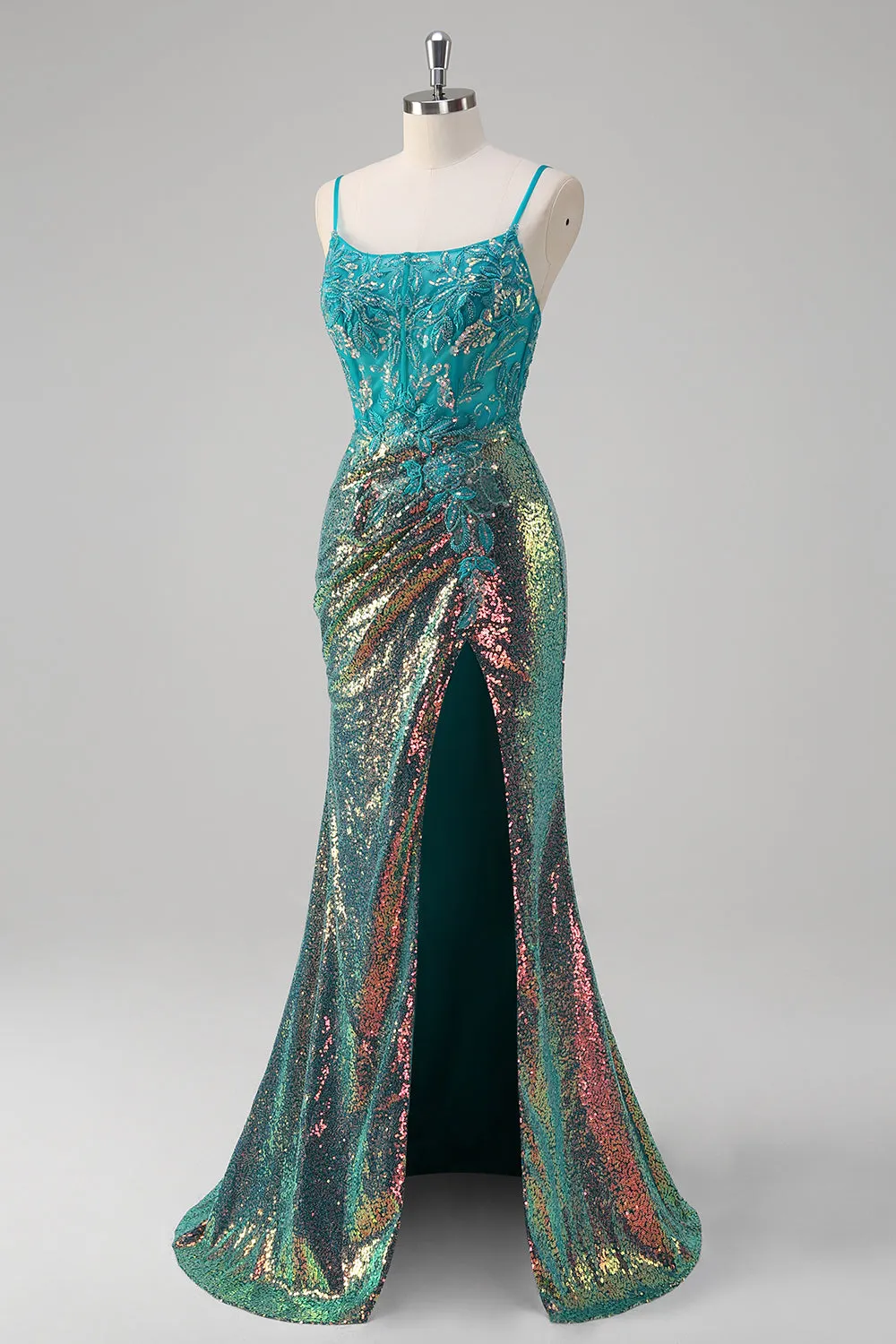 Peacock Green Mermaid Spaghetti Straps Corset Sequined Prom Dress sold by Zapaka product image thumbnail 3
