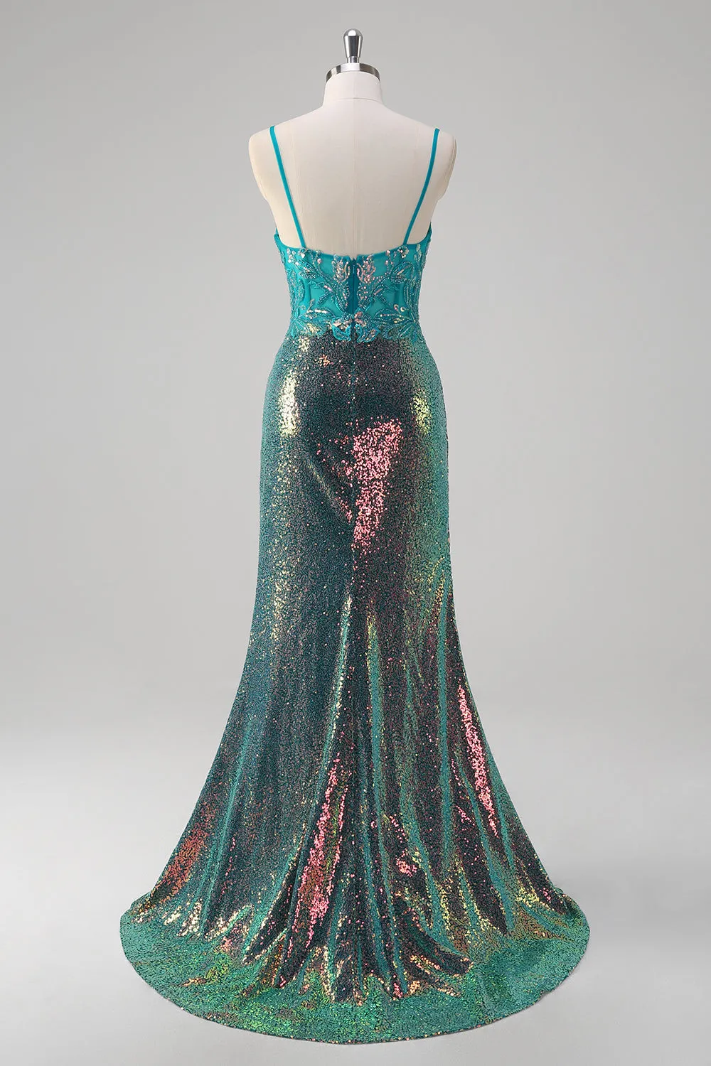 Peacock Green Mermaid Spaghetti Straps Corset Sequined Prom Dress sold by Zapaka product image thumbnail 2