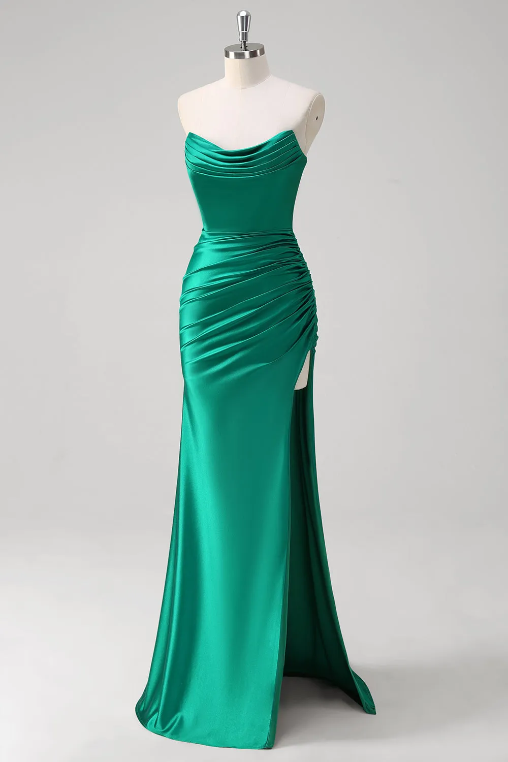 Green Mermaid Strapless Satin Ruched Long Prom Dress with Slit sold by Zapaka product image thumbnail 3