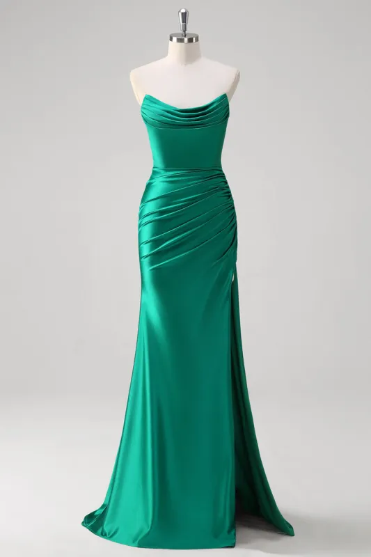 Green Mermaid Strapless Satin Ruched Long Prom Dress with Slit sold by Zapaka