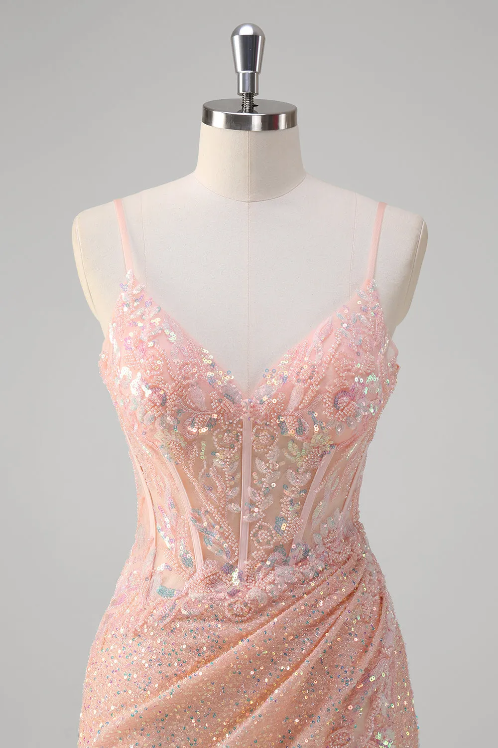 Blush Mermaid Spaghetti Straps Corset Sequined Long Prom Dress sold by Zapaka product image thumbnail 4