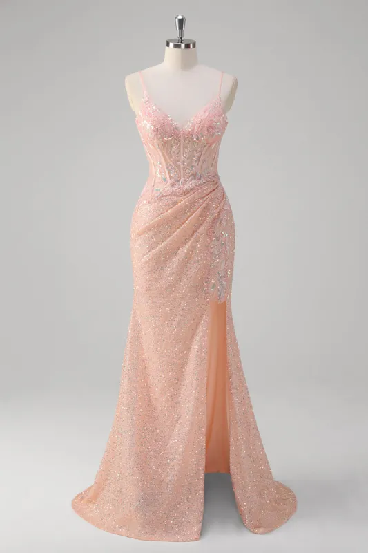 Blush Mermaid Spaghetti Straps Corset Sequined Long Prom Dress sold by Zapaka