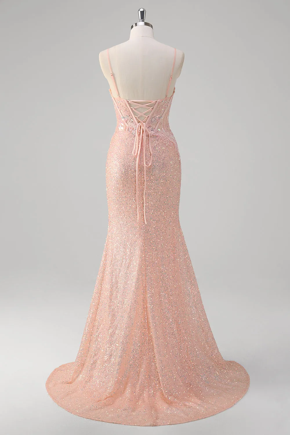 Blush Mermaid Spaghetti Straps Corset Sequined Long Prom Dress sold by Zapaka product image thumbnail 2
