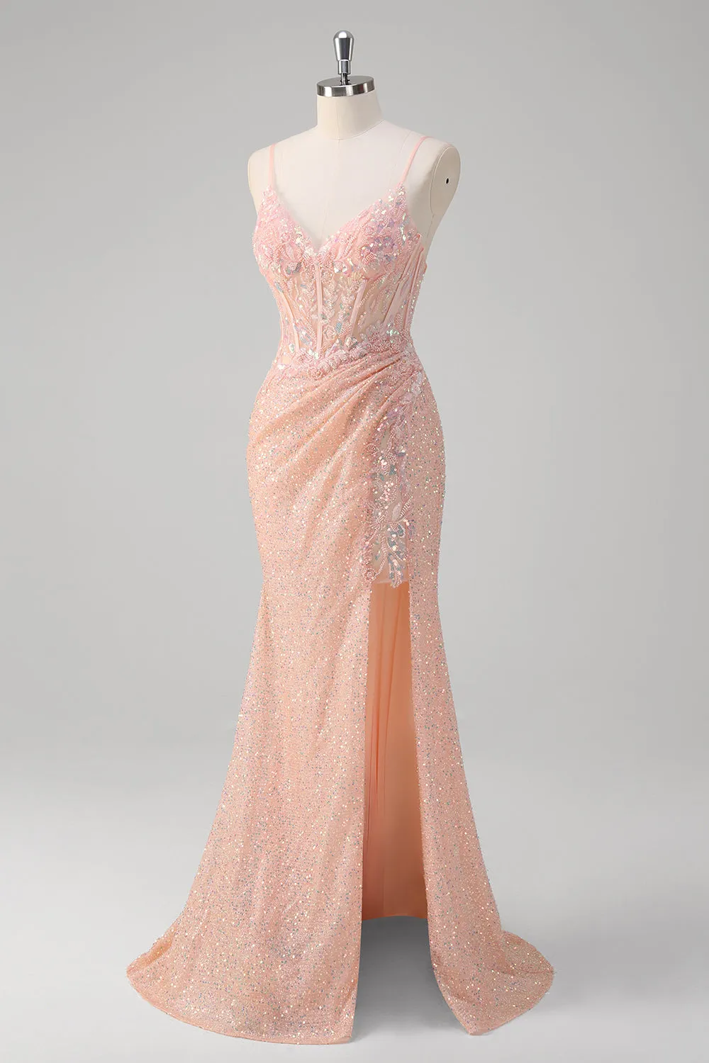 Blush Mermaid Spaghetti Straps Corset Sequined Long Prom Dress sold by Zapaka product image thumbnail 3