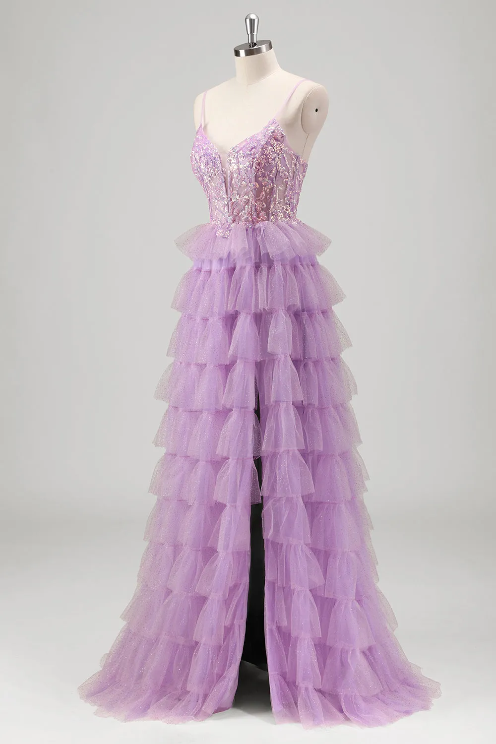 Sparkly A Line Tiered Lilac Sequins Prom Dress with Slit sold by Zapaka product image thumbnail 3