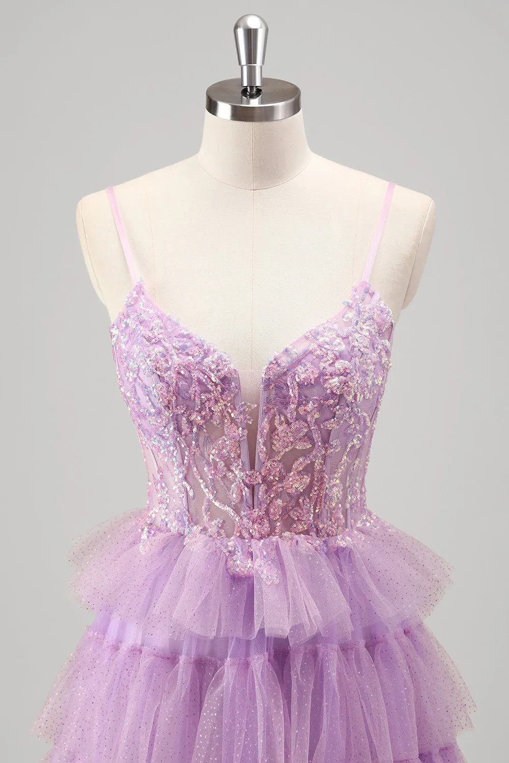 Sparkly A Line Tiered Lilac Sequins Prom Dress with Slit sold by Zapaka product image thumbnail 4