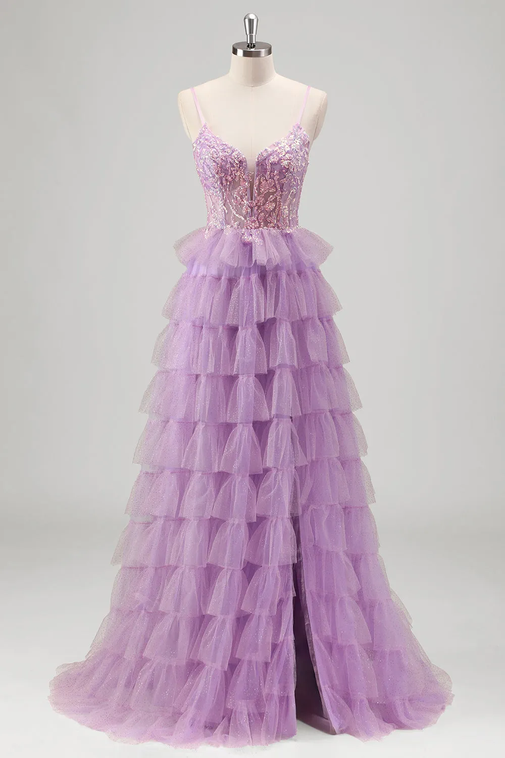Sparkly A Line Tiered Lilac Sequins Prom Dress with Slit sold by Zapaka