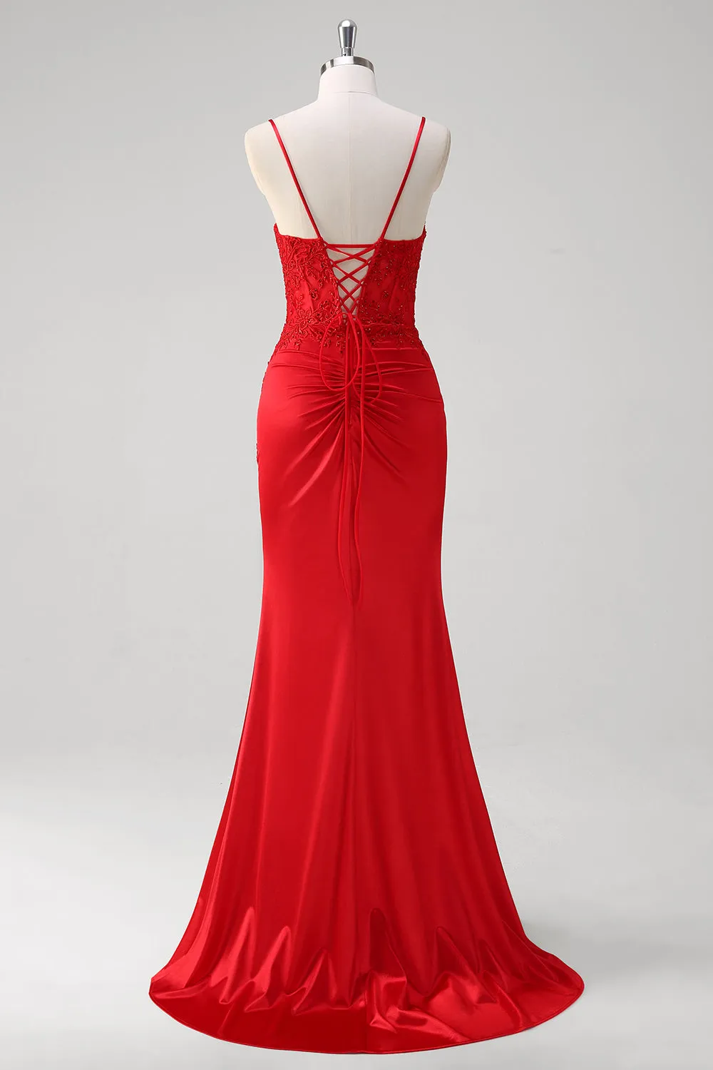 Red Spaghetti Straps Mermaid Satin Long Corset Prom Dress with Appliques sold by Zapaka product image thumbnail 2