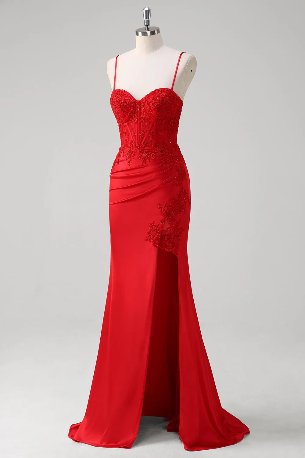 Red Spaghetti Straps Mermaid Satin Long Corset Prom Dress with Appliques sold by Zapaka product image thumbnail 3