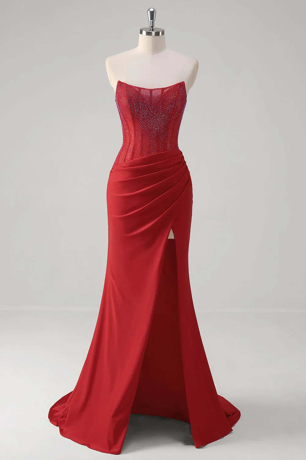 Sparkly Red Mermaid Corset Strapless Long Prom Dress With Slit sold by Zapaka
