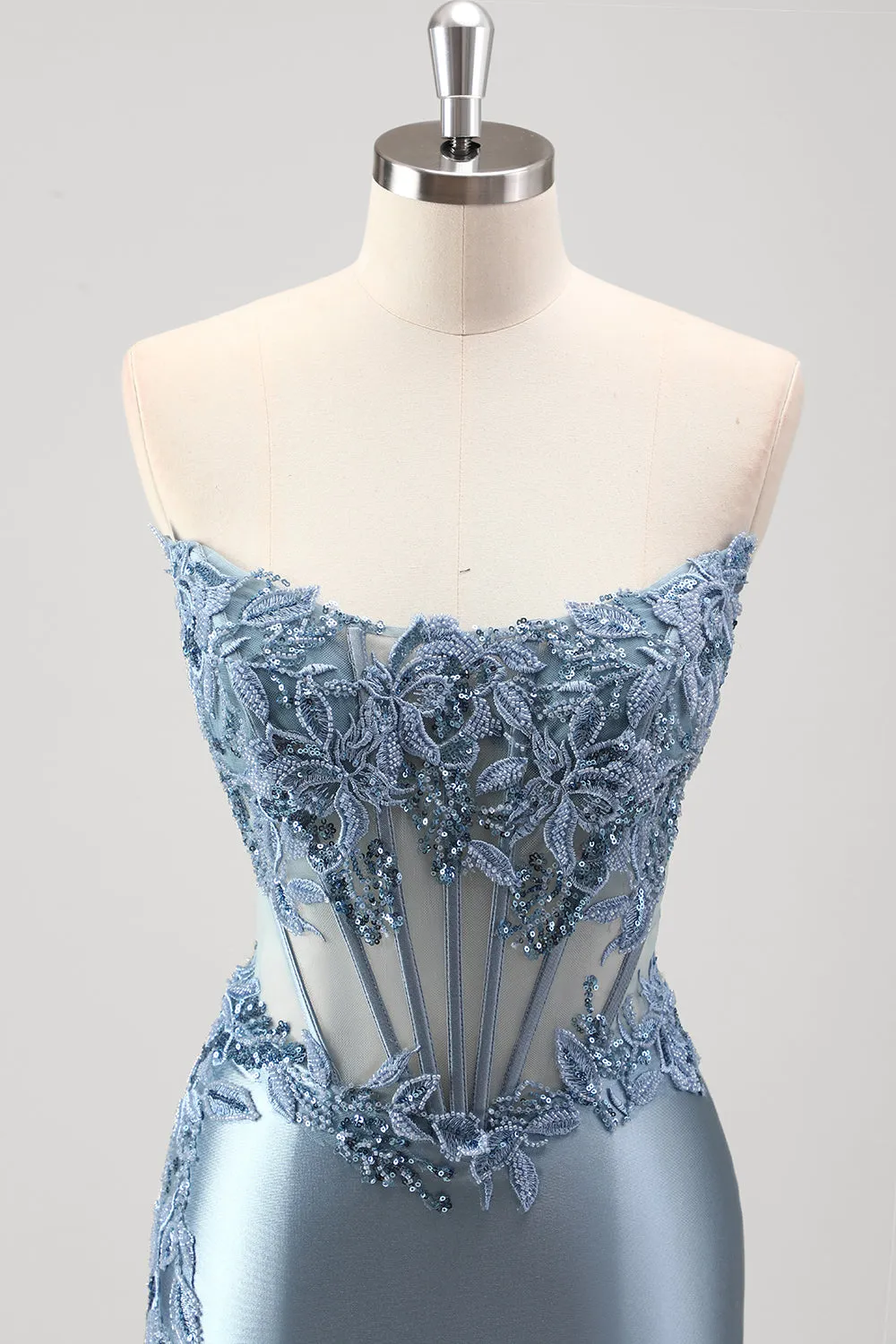 Sparkly Grey Blue Mermaid Beaded Strapless Metallic Prom Dress with Slit sold by Zapaka product image thumbnail 5