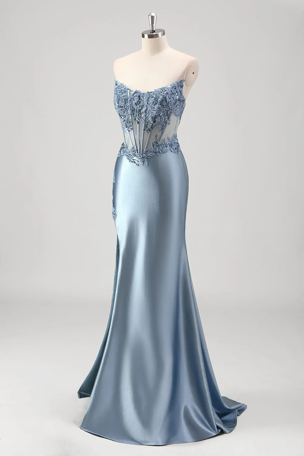 Sparkly Grey Blue Mermaid Beaded Strapless Metallic Prom Dress with Slit sold by Zapaka product image thumbnail 3