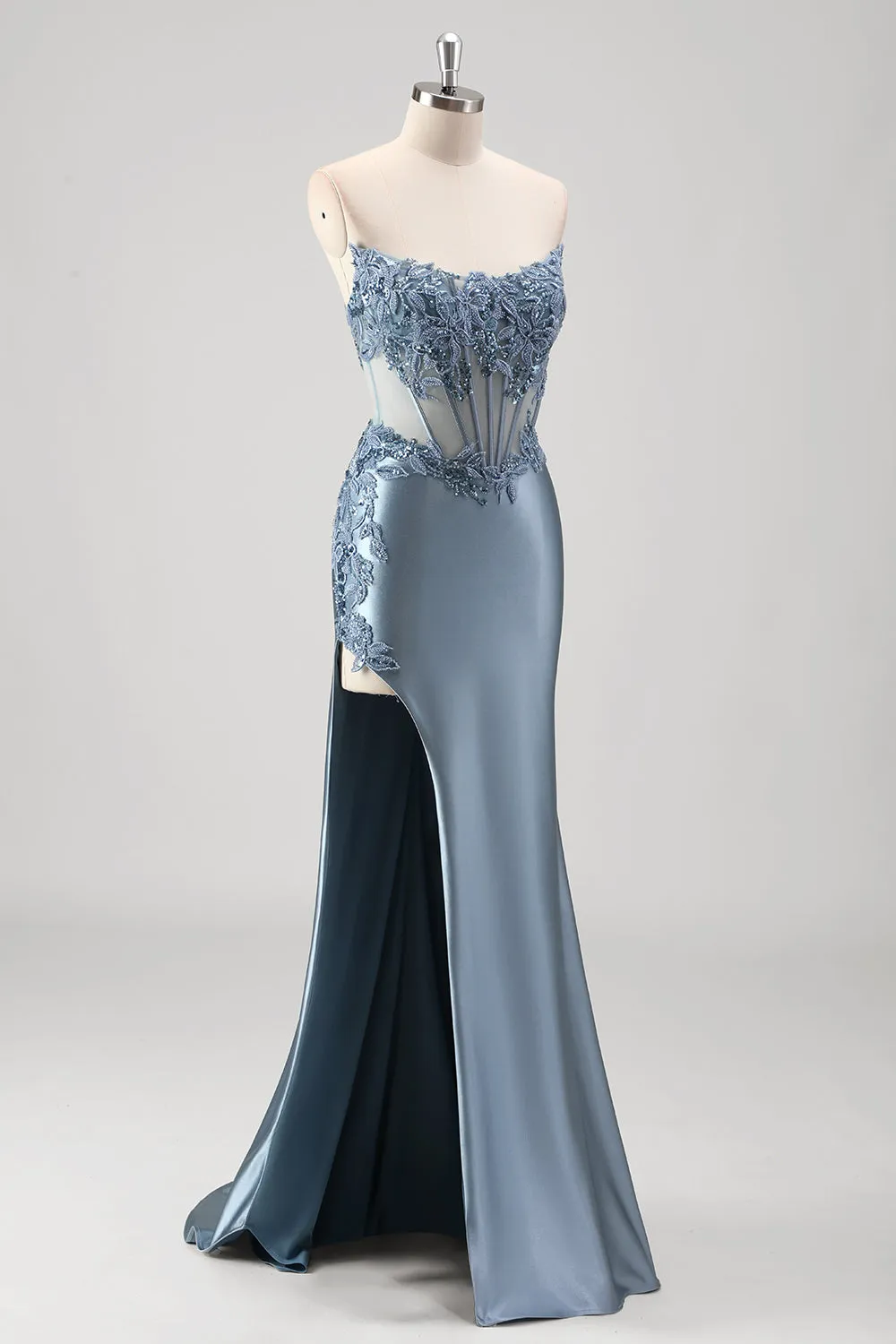 Sparkly Grey Blue Mermaid Beaded Strapless Metallic Prom Dress with Slit sold by Zapaka product image thumbnail 4