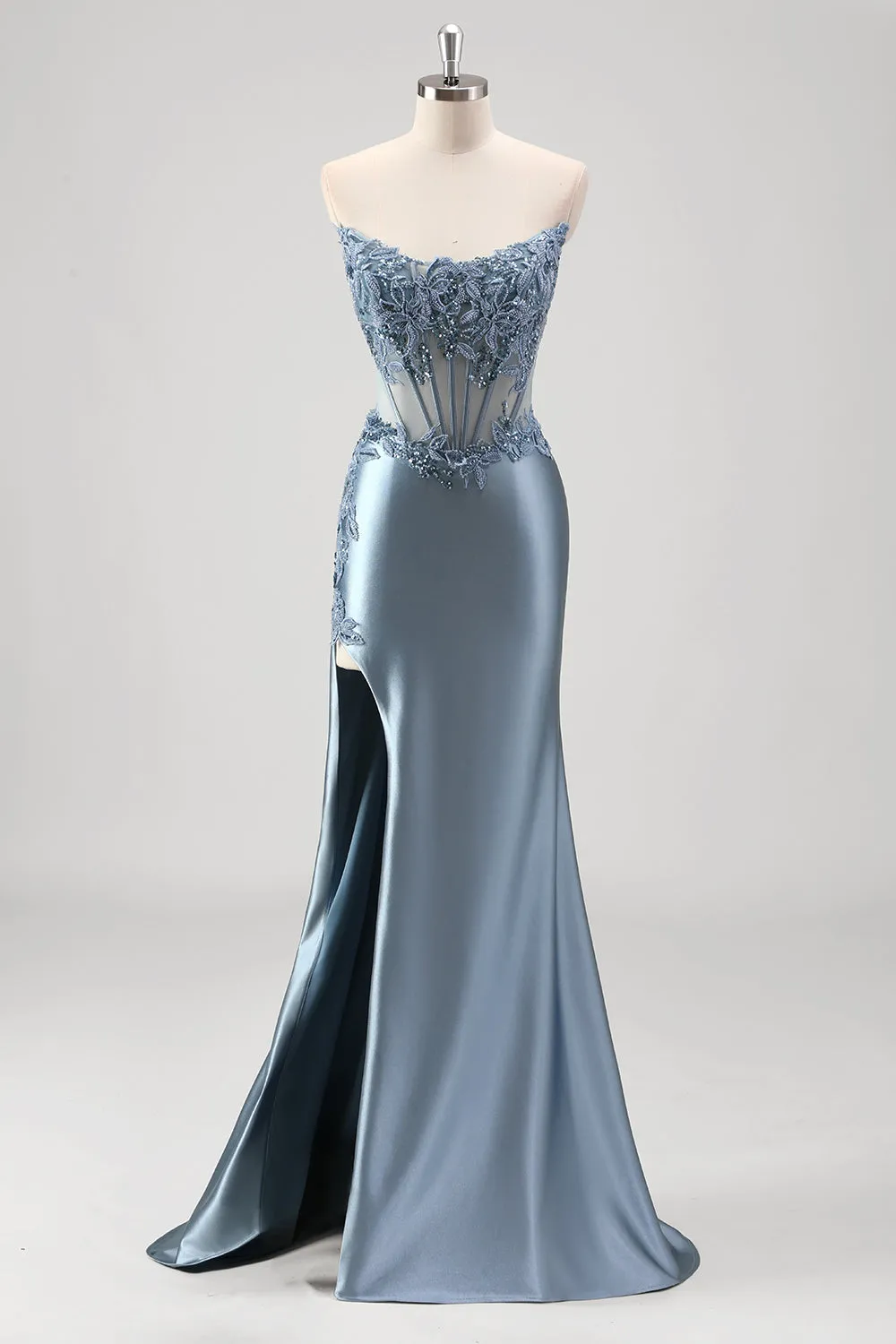 Sparkly Grey Blue Mermaid Beaded Strapless Metallic Prom Dress with Slit sold by Zapaka