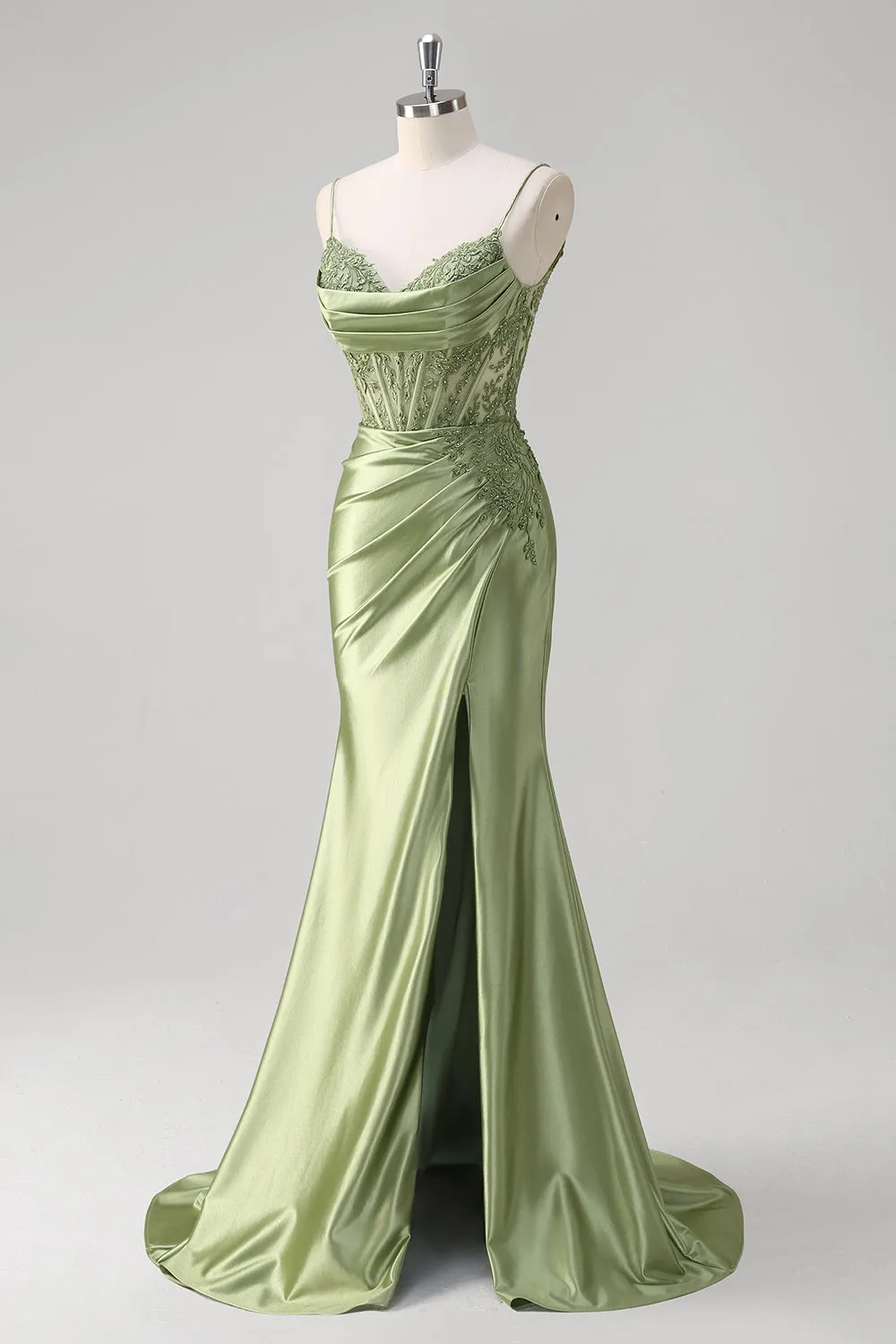 Green Mermaid Spaghetti Straps Pleated Corset Prom Dress sold by Zapaka product image thumbnail 3