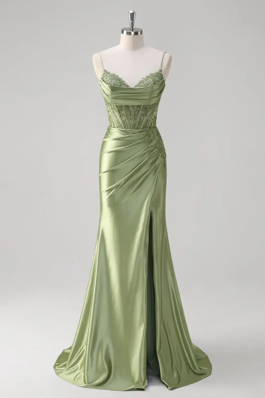 Green Mermaid Spaghetti Straps Pleated Corset Prom Dress sold by Zapaka