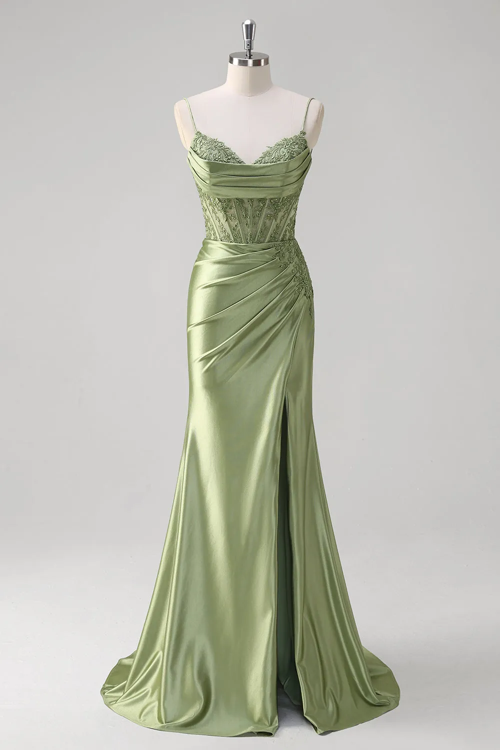 Green Mermaid Spaghetti Straps Pleated Corset Prom Dress sold by Zapaka
