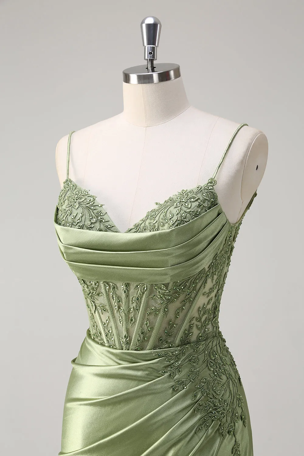 Green Mermaid Spaghetti Straps Pleated Corset Prom Dress sold by Zapaka product image thumbnail 5