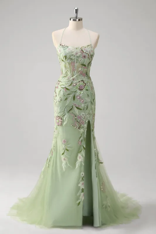Green Mermaid Halter Corset Appliqued Long Prom Dress With Slit sold by Zapaka