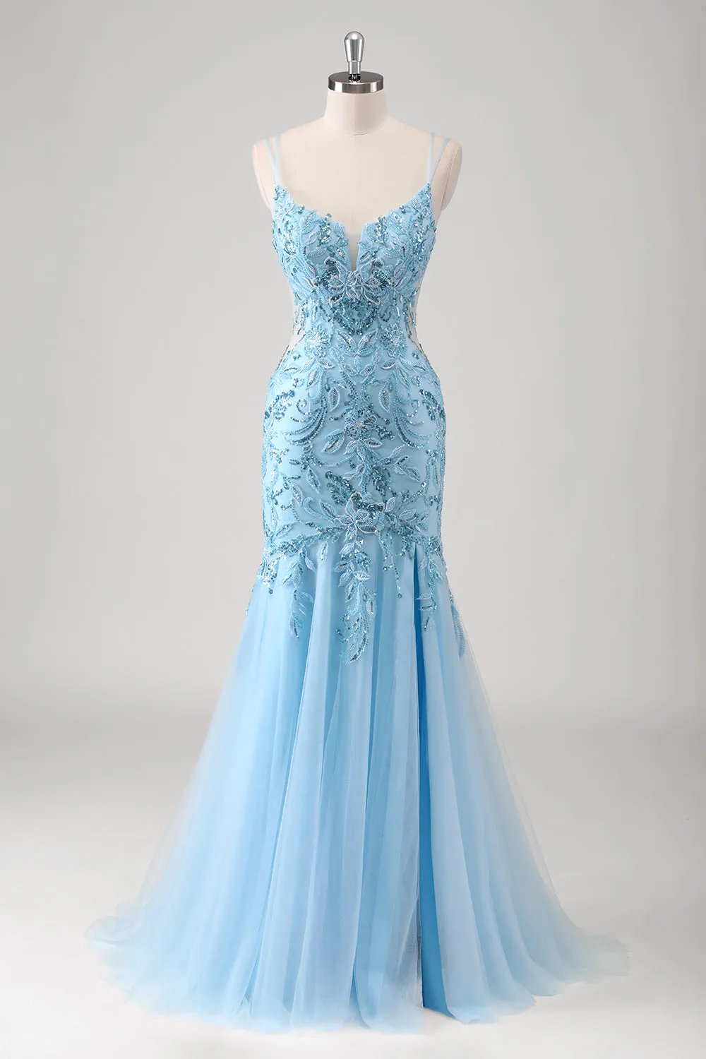 Blue Mermaid Spaghetti Straps Appliqued Long Prom Dress with Slit sold by Zapaka