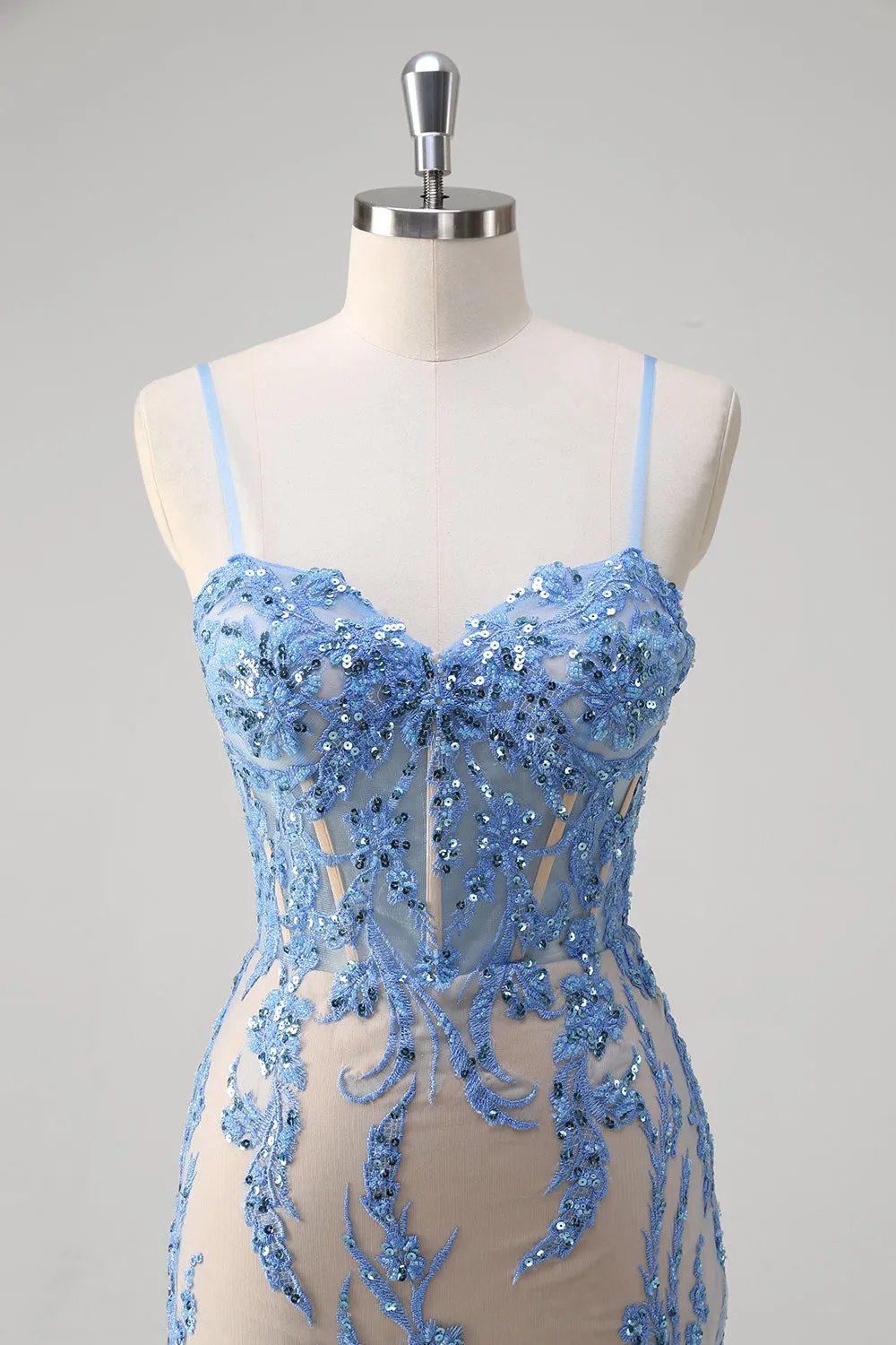 Blue Mermaid Corset Spaghetti Straps Long Prom Dress With Sequins sold by Zapaka product image thumbnail 5