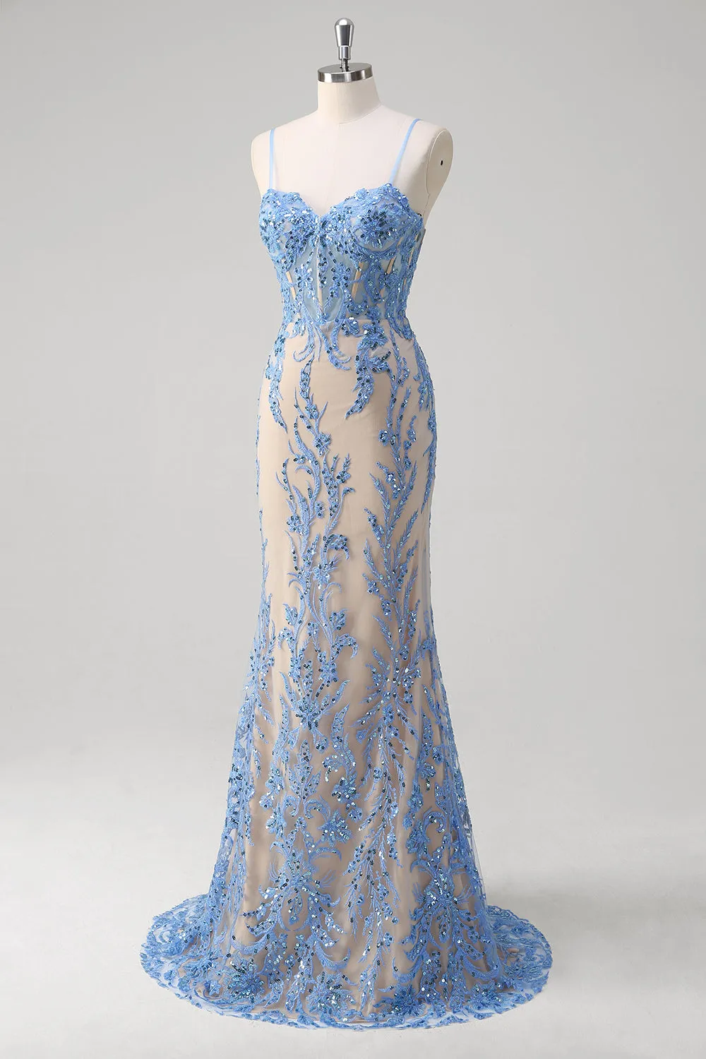 Blue Mermaid Corset Spaghetti Straps Long Prom Dress With Sequins sold by Zapaka product image thumbnail 3