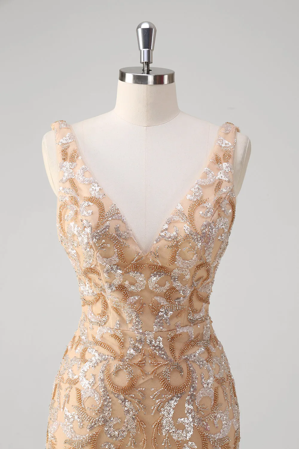 Champagne Mermaid V-Neck Sequined Long Prom Dress sold by Zapaka product image thumbnail 4