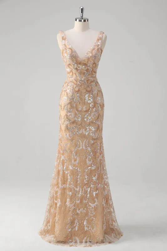 Champagne Mermaid V-Neck Sequined Long Prom Dress sold by Zapaka
