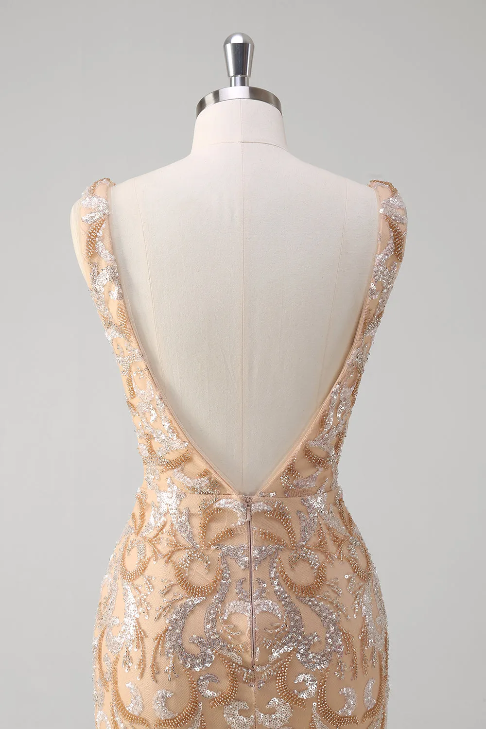 Champagne Mermaid V-Neck Sequined Long Prom Dress sold by Zapaka product image thumbnail 5
